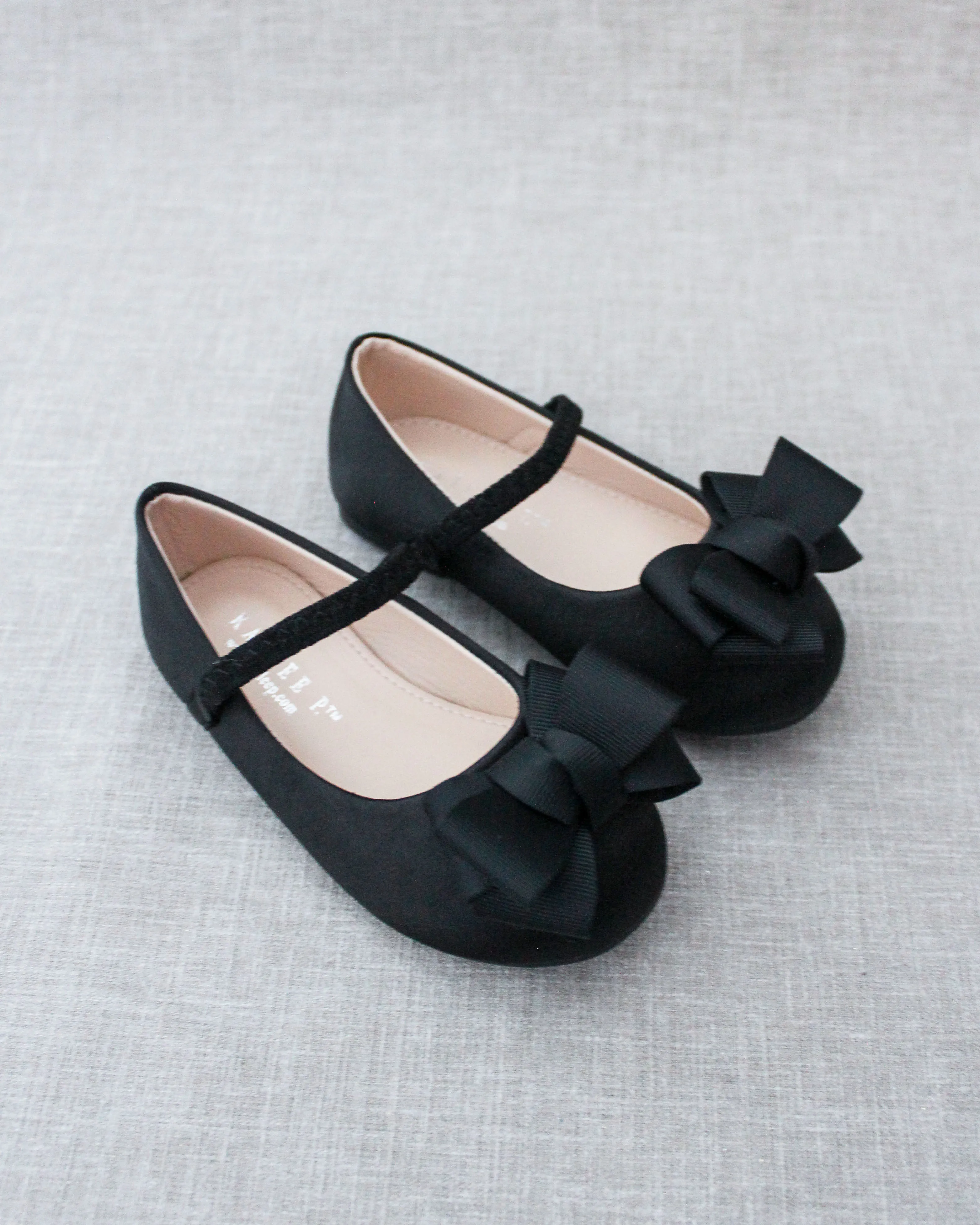 Black Satin Mary Jane Flats with Grosgrain Bow