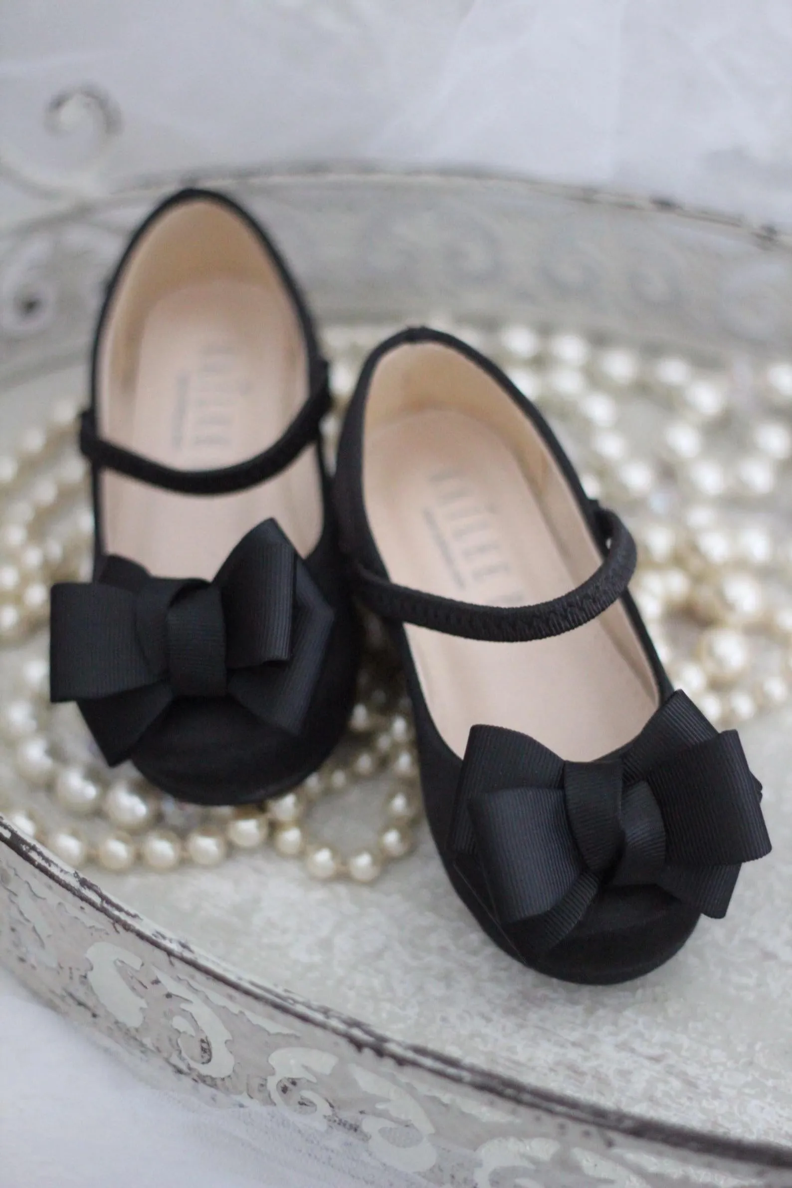 Black Satin Mary Jane Flats with Grosgrain Bow