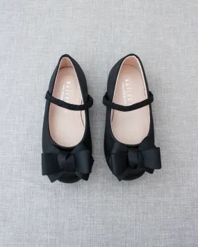 Black Satin Mary Jane Flats with Grosgrain Bow