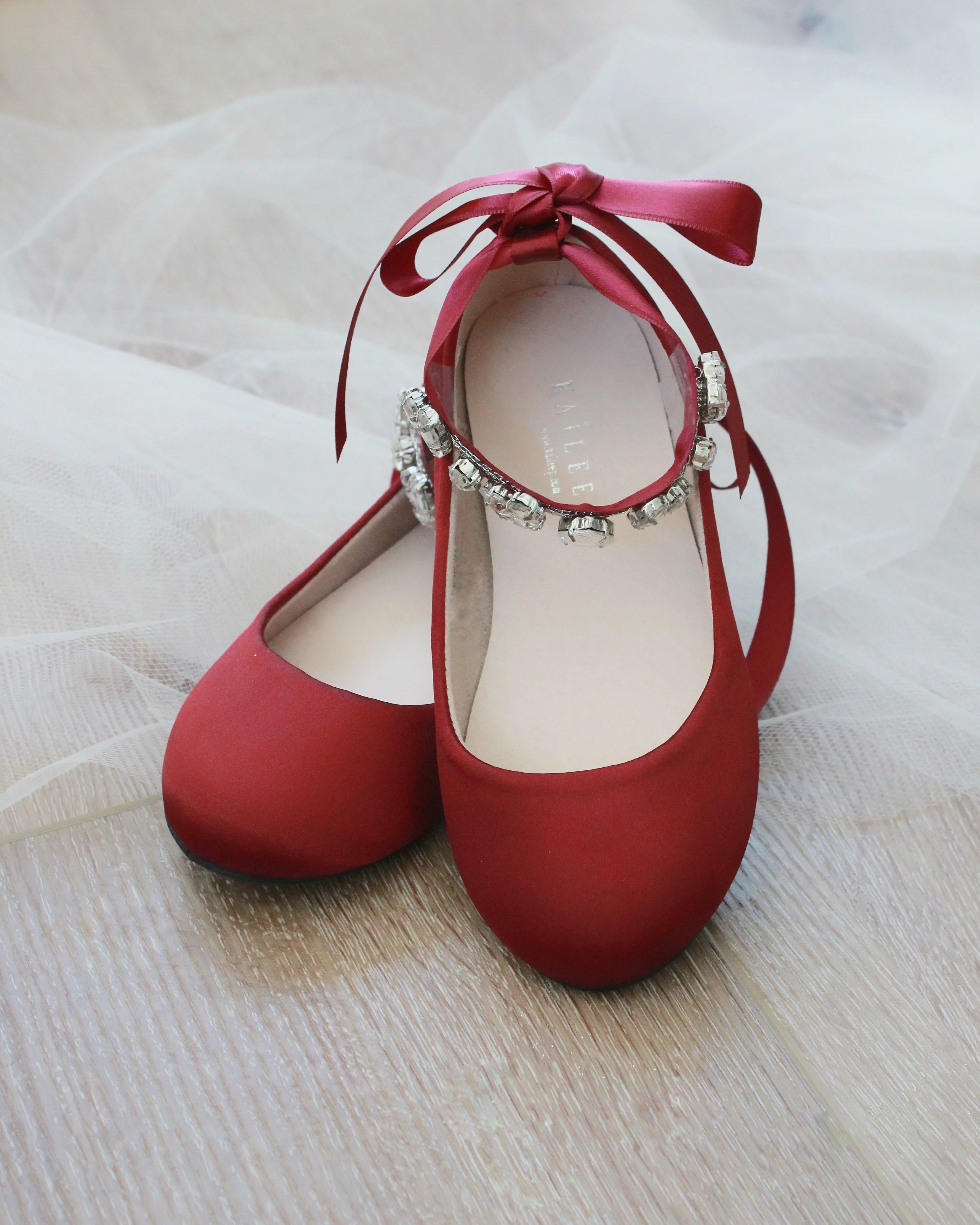 Burgundy Satin Ballet Flats with Navette Cluster Rhinestones on Satin Ankle Strap