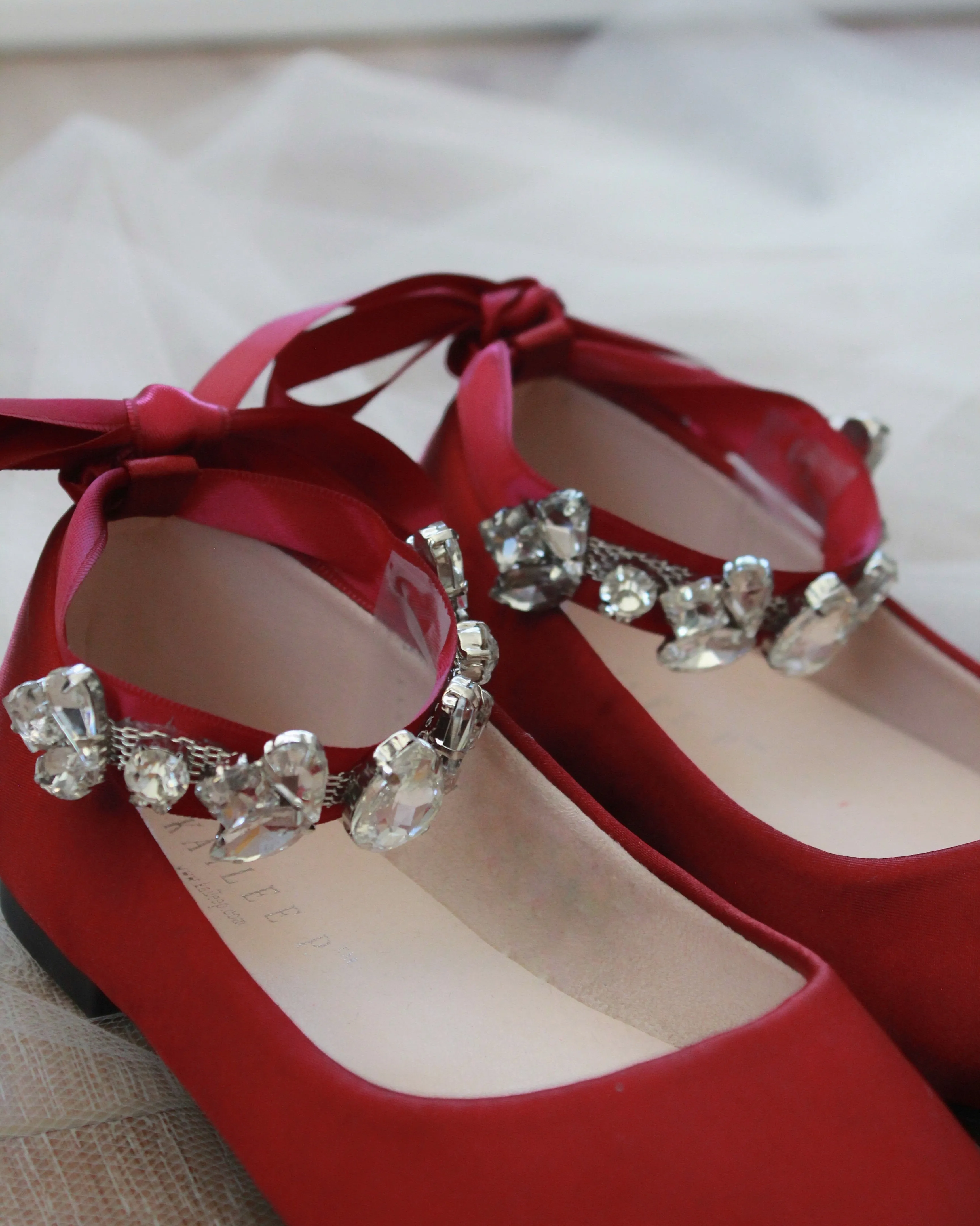 Burgundy Satin Ballet Flats with Navette Cluster Rhinestones on Satin Ankle Strap