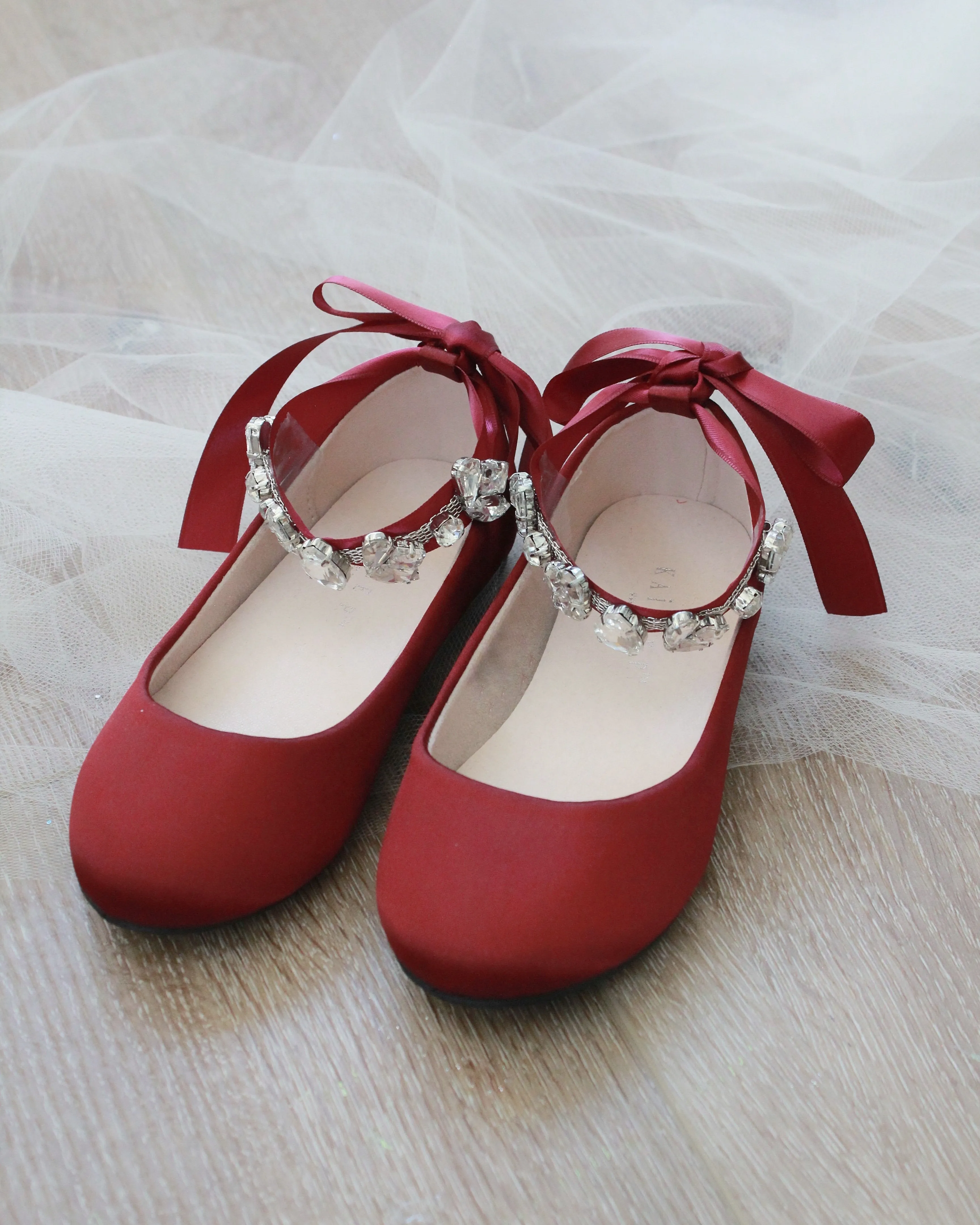 Burgundy Satin Ballet Flats with Navette Cluster Rhinestones on Satin Ankle Strap