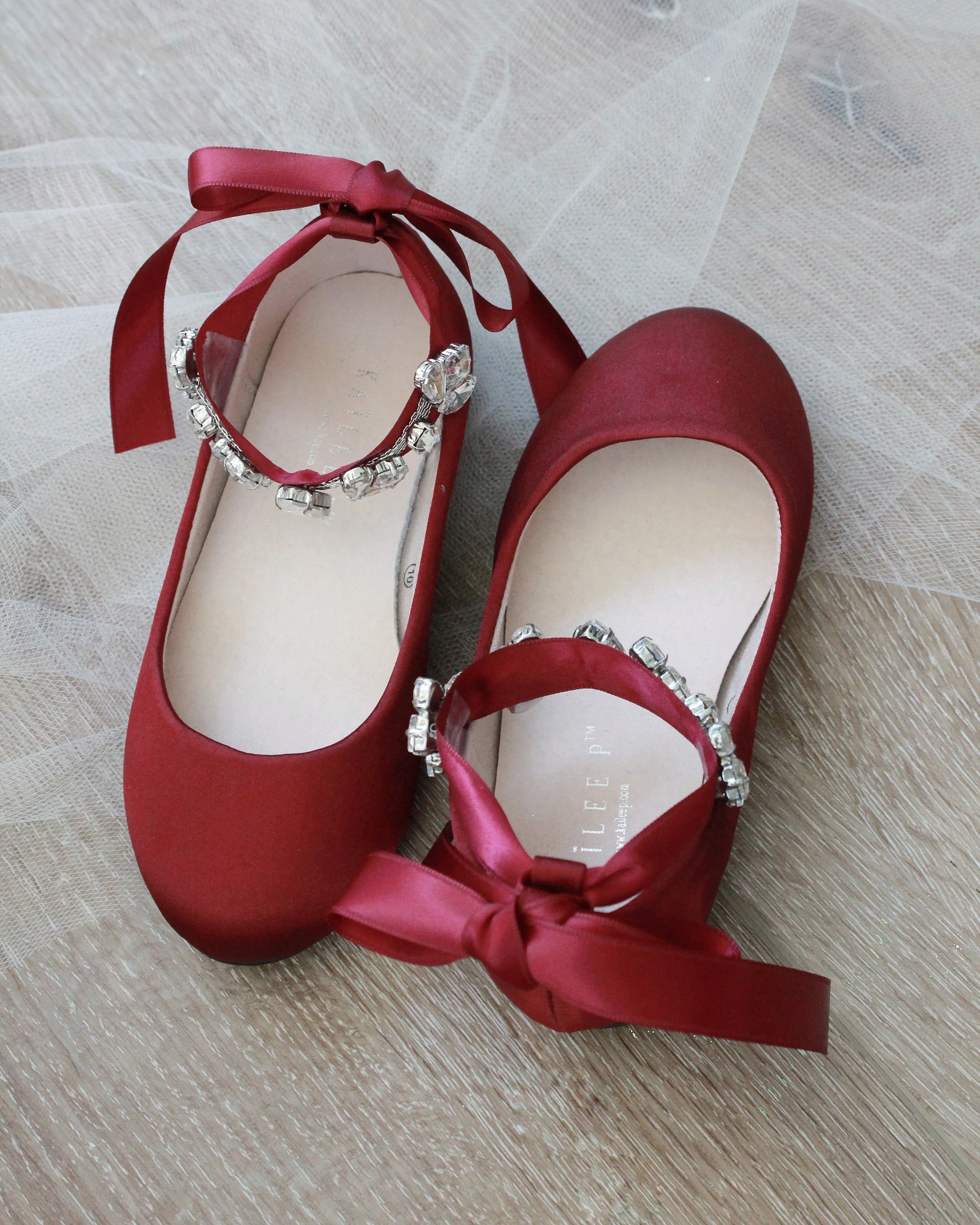 Burgundy Satin Ballet Flats with Navette Cluster Rhinestones on Satin Ankle Strap