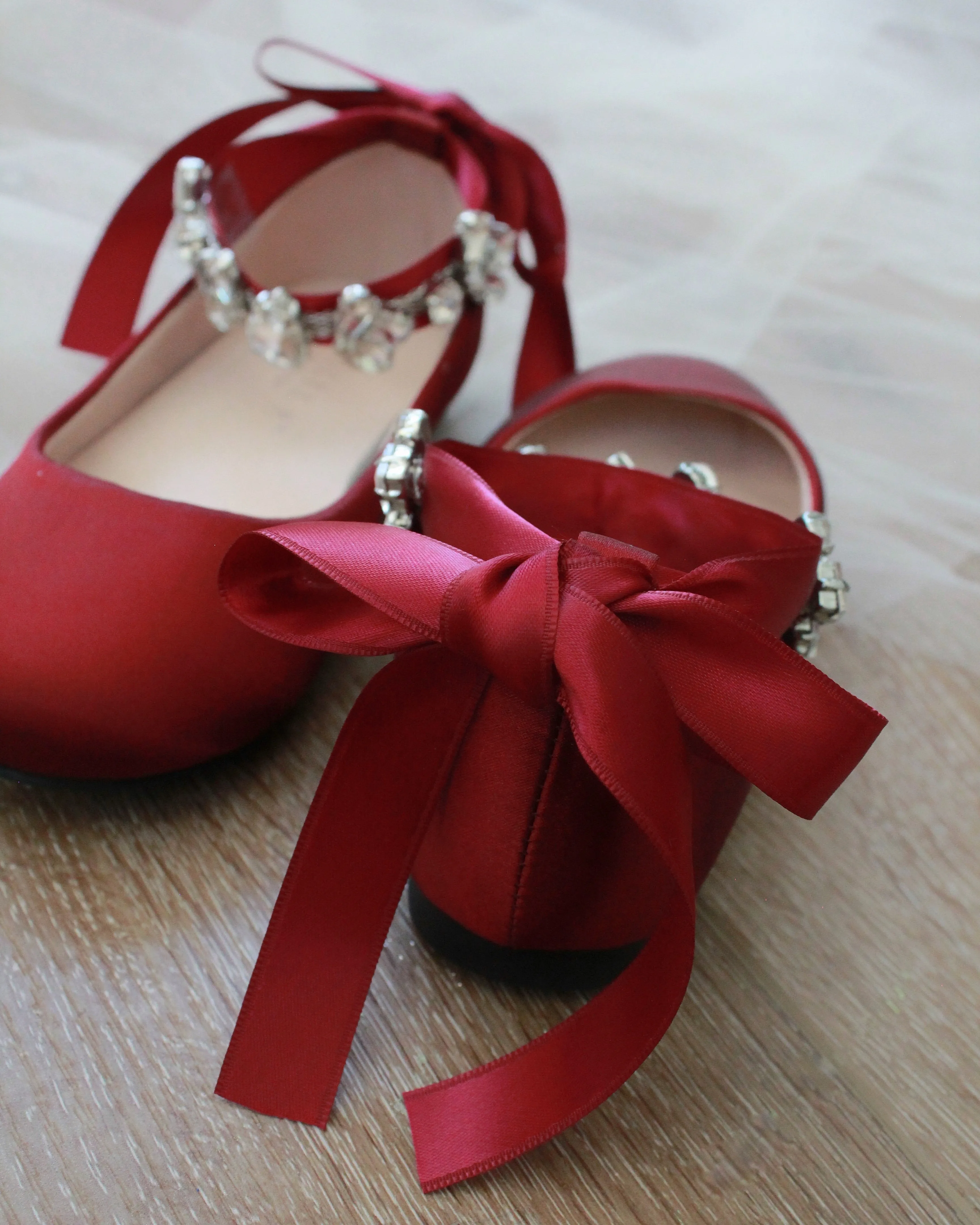 Burgundy Satin Ballet Flats with Navette Cluster Rhinestones on Satin Ankle Strap