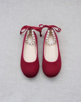 Burgundy Satin Flats with Pearls Ankle Strap