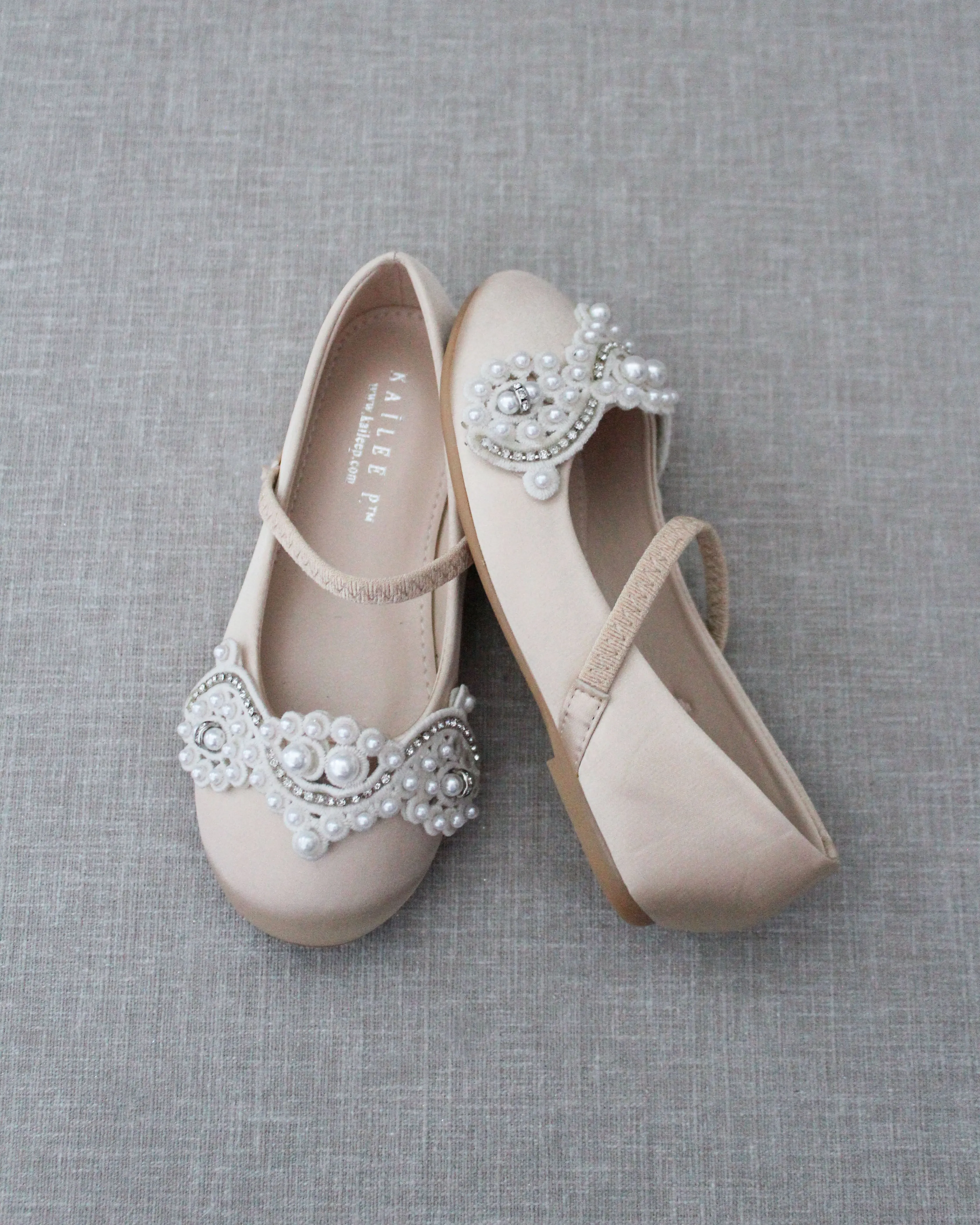 Champagne Satin Mary Jane Flats with Small Pearls Applique