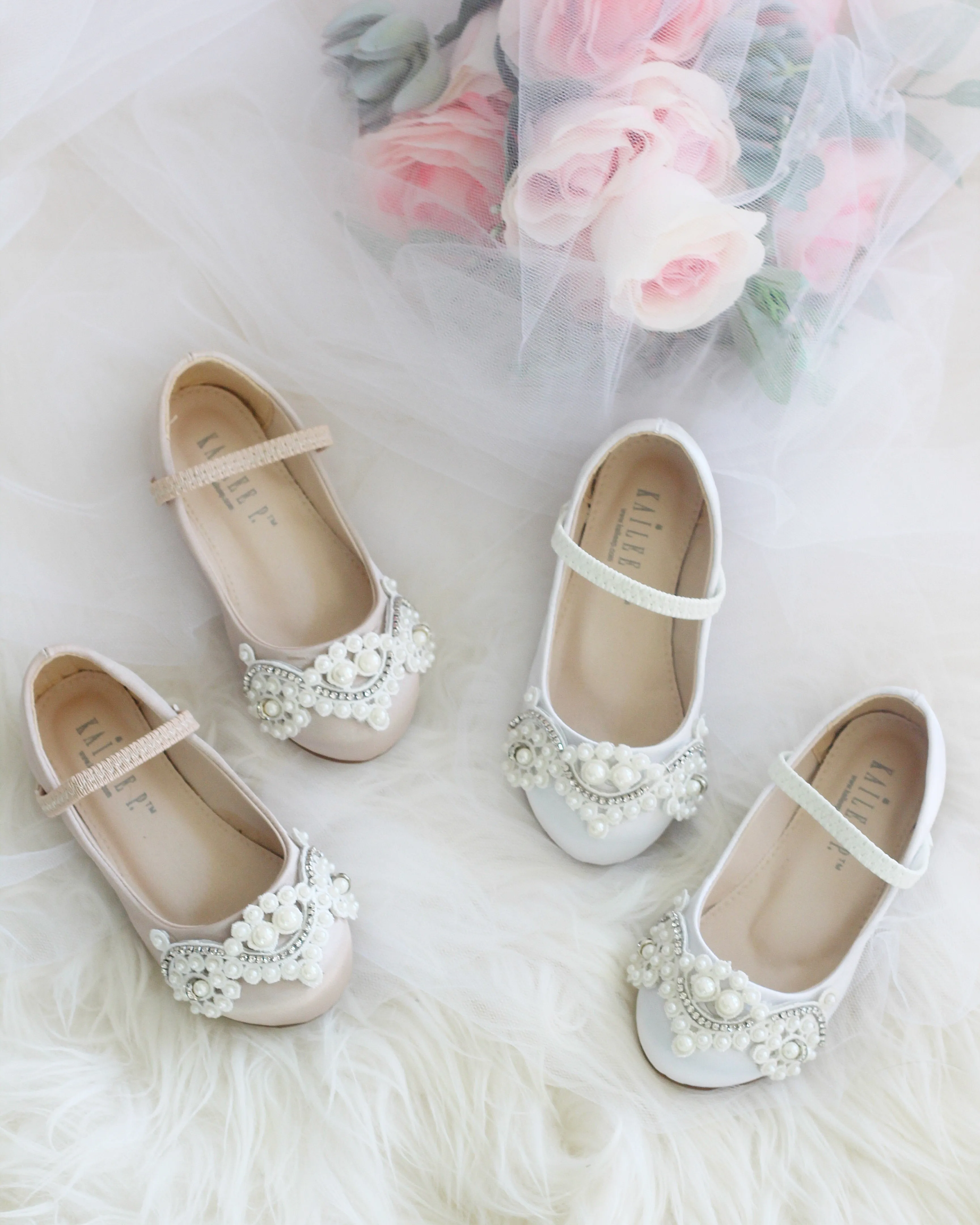 Champagne Satin Mary Jane Flats with Small Pearls Applique