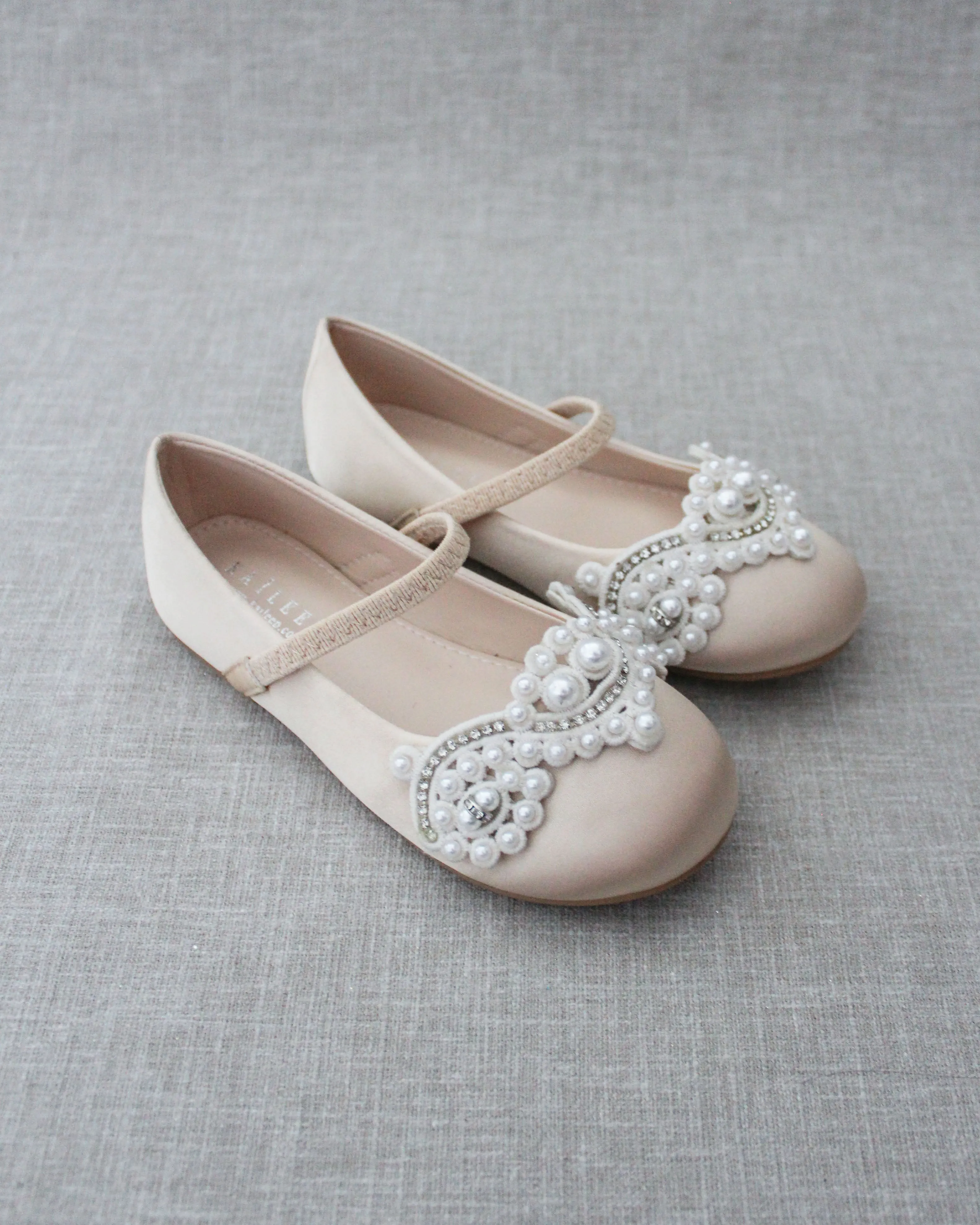 Champagne Satin Mary Jane Flats with Small Pearls Applique