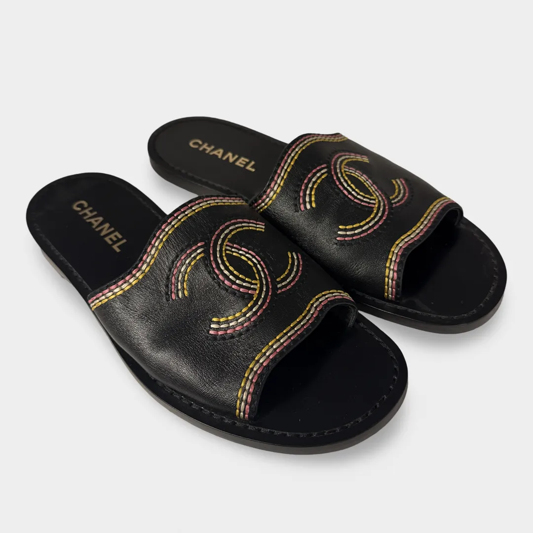 Chanel Women's Black with pink and yellow embroidery Slide Sandals