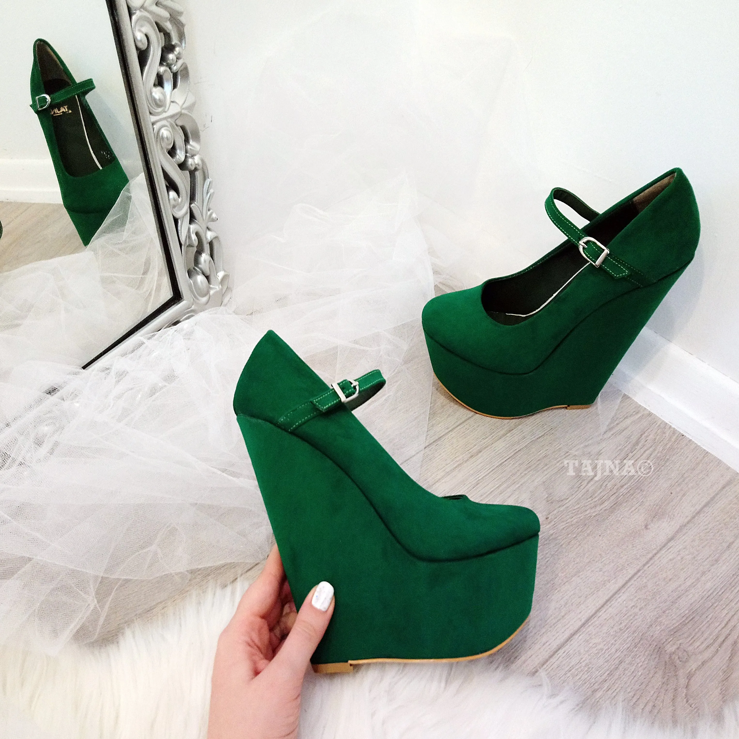 Dark Green Suede High Heel Wedge Shoes