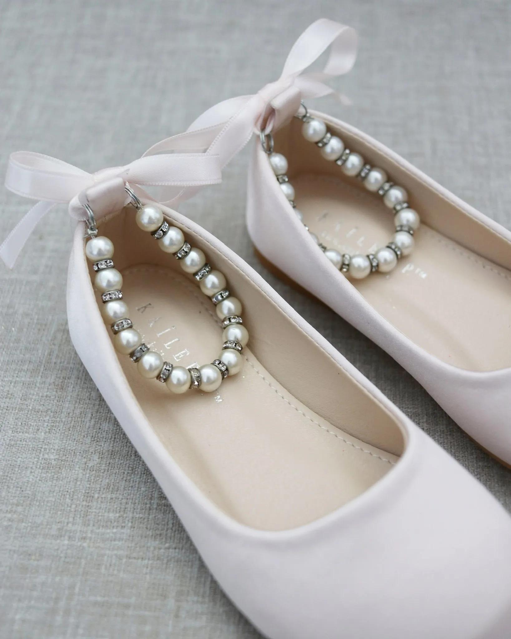 Dusty Pink Satin Flats with Pearls Ankle Strap