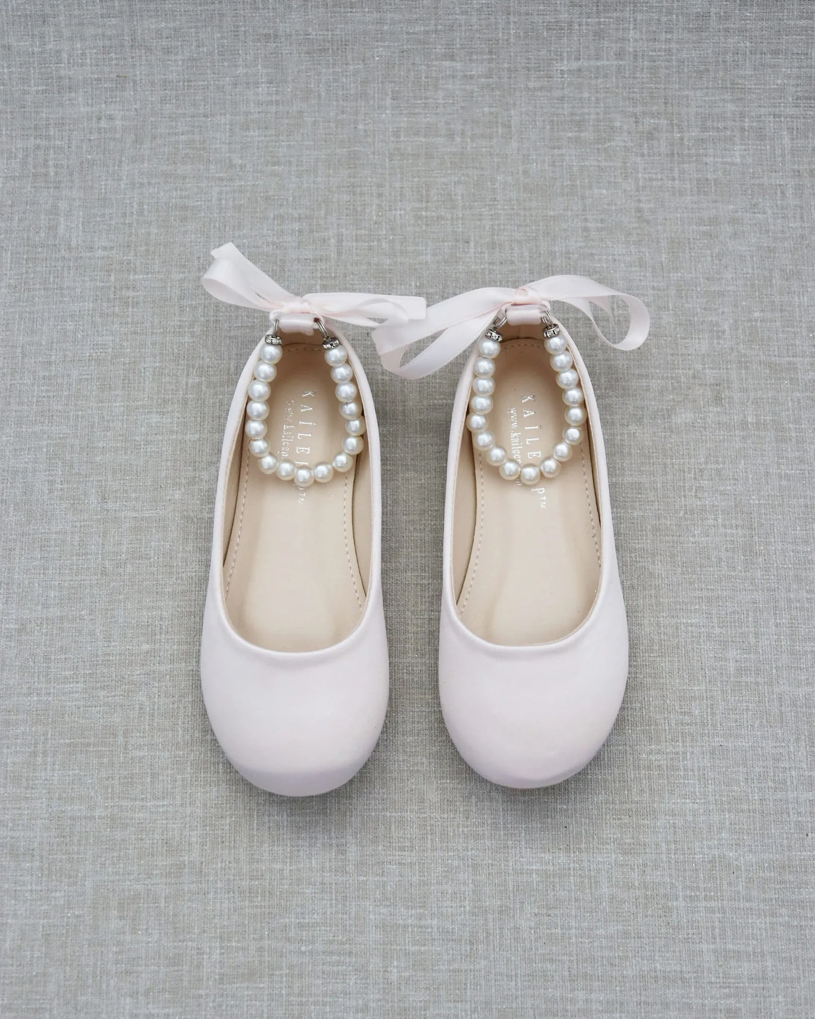 Dusty Pink Satin Flats with Pearls Ankle Strap