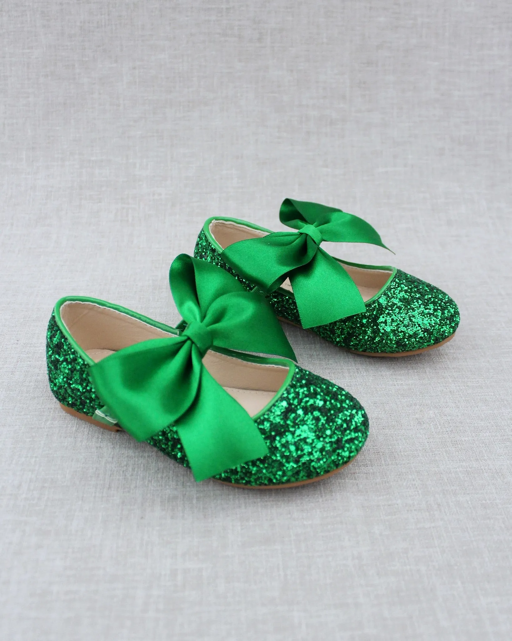 Green Rock Glitter Mary Jane Ballet Flats with Satin Bow