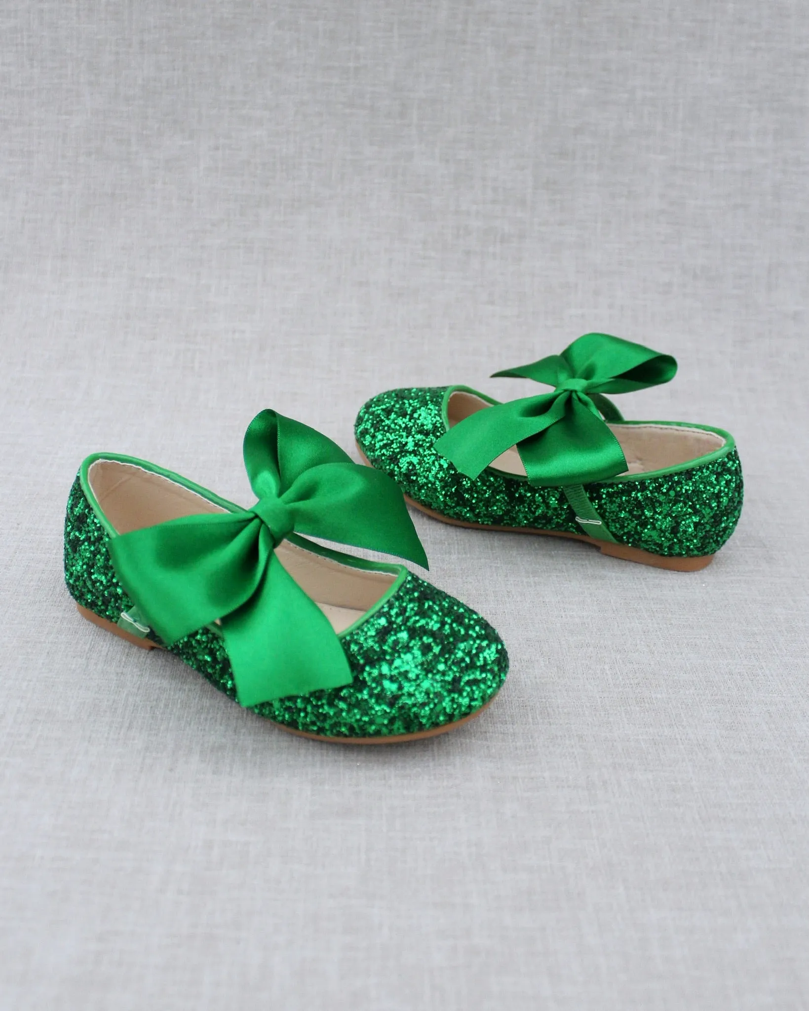 Green Rock Glitter Mary Jane Ballet Flats with Satin Bow