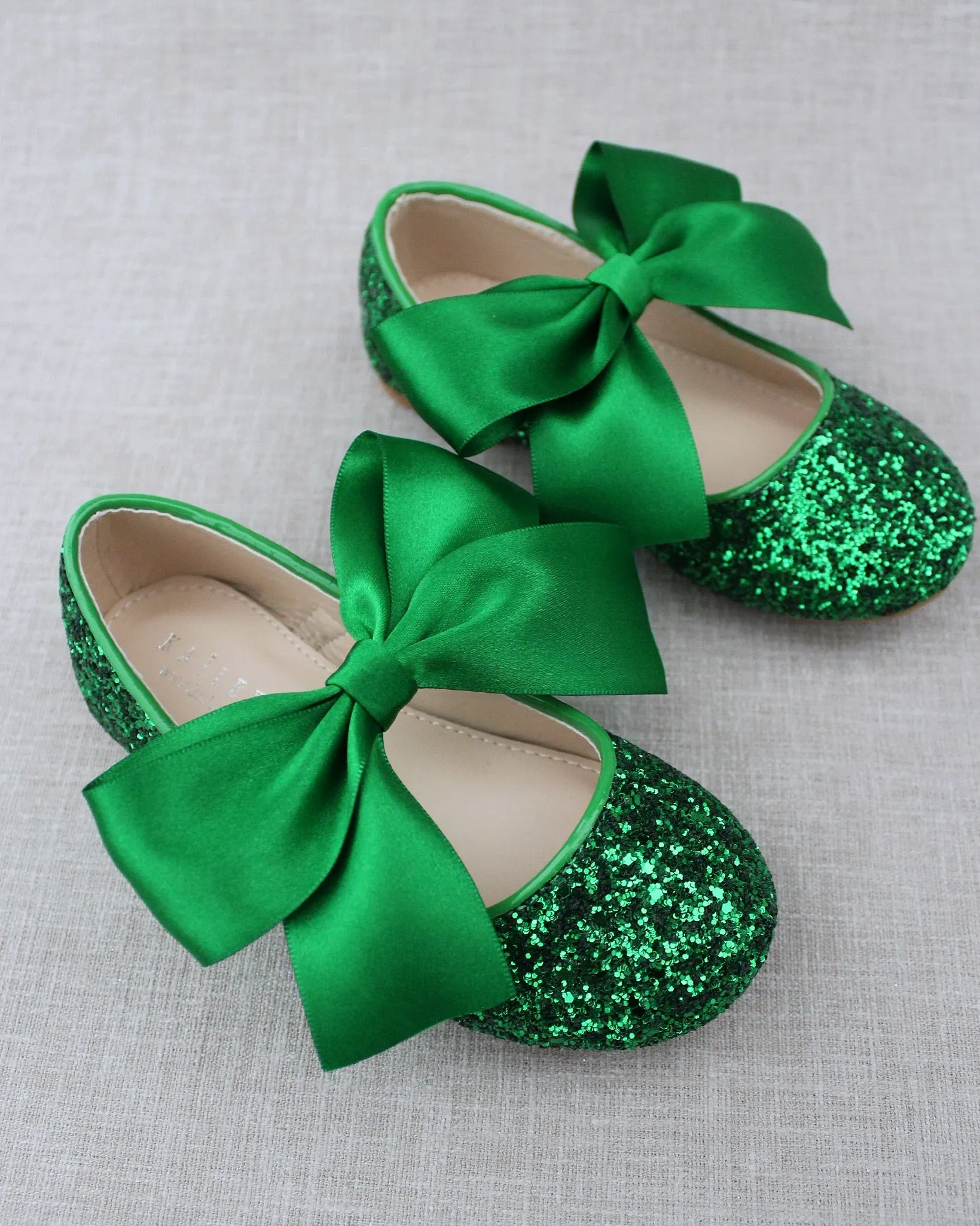 Green Rock Glitter Mary Jane Ballet Flats with Satin Bow