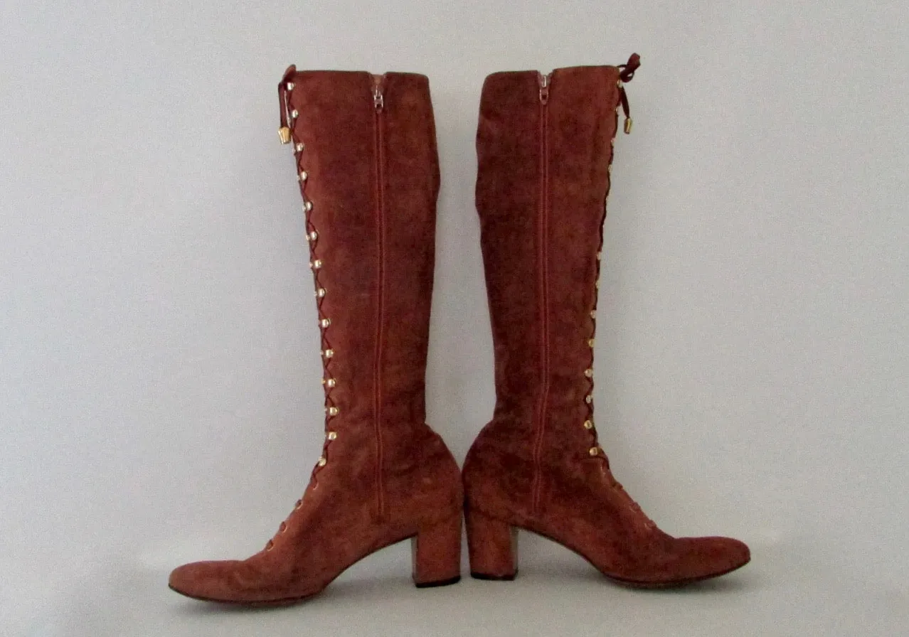 HERBERT LEVINE 60s Rust Suede Lace up Hippie Granny Boots, Size 8 - 8 1/2