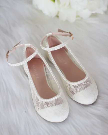 Ivory New Lace Ballet Flats with Mini Pearls and Ankle Strap