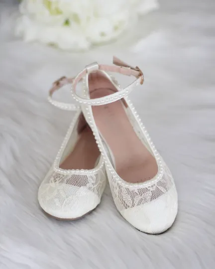 Ivory New Lace Ballet Flats with Mini Pearls and Ankle Strap