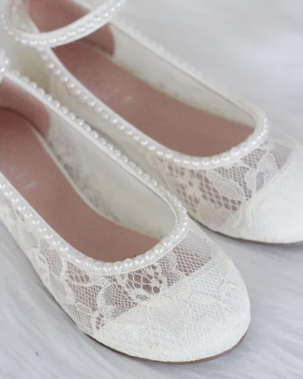 Ivory New Lace Ballet Flats with Mini Pearls and Ankle Strap