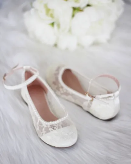 Ivory New Lace Ballet Flats with Mini Pearls and Ankle Strap