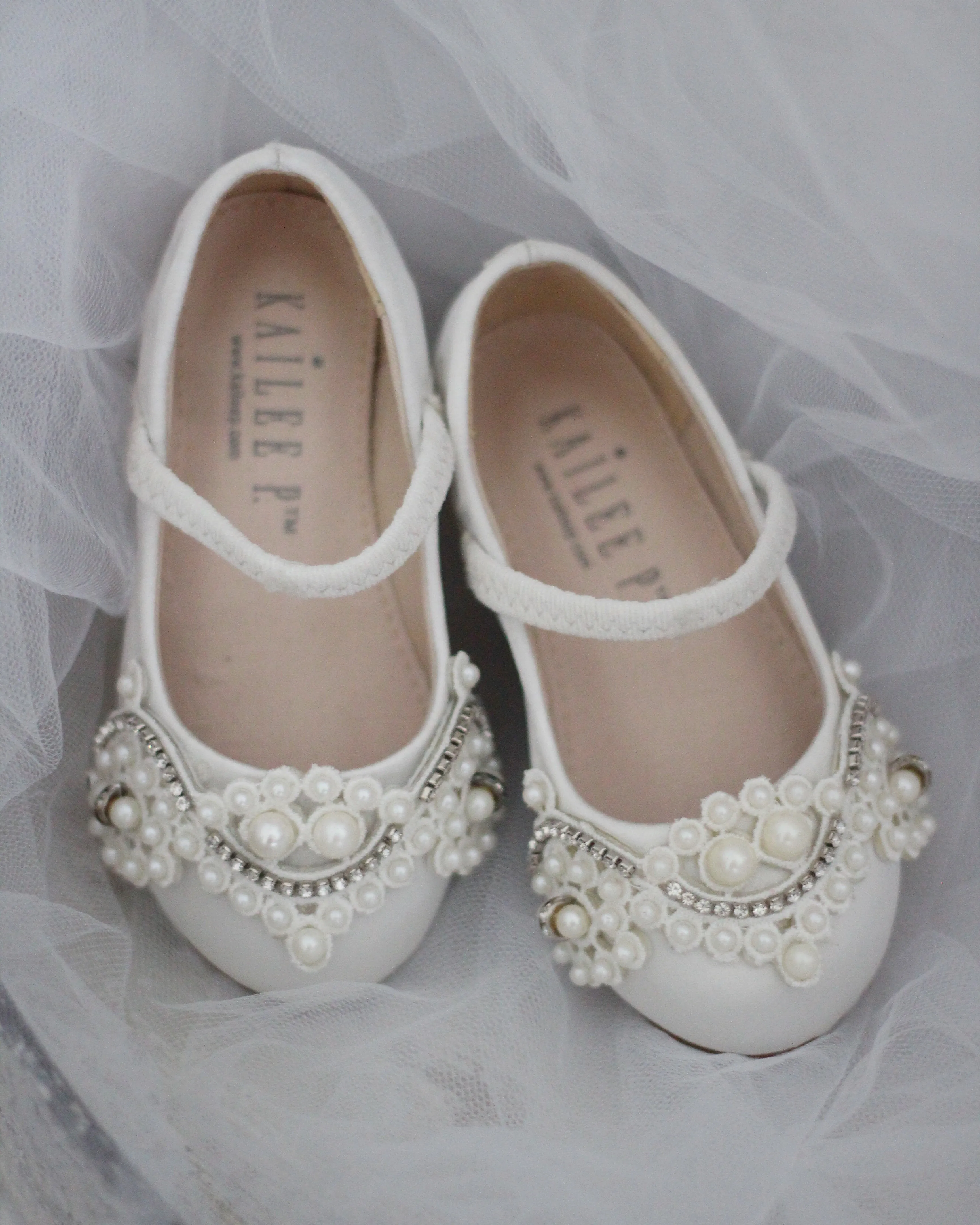 Ivory Satin Mary Jane Flats with Small Pearls Applique