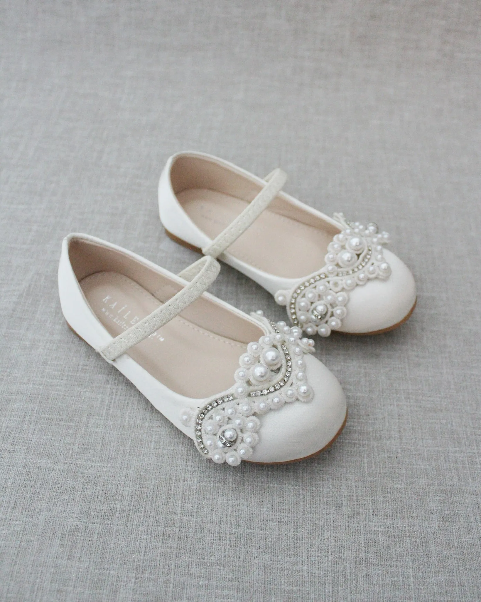 Ivory Satin Mary Jane Flats with Small Pearls Applique