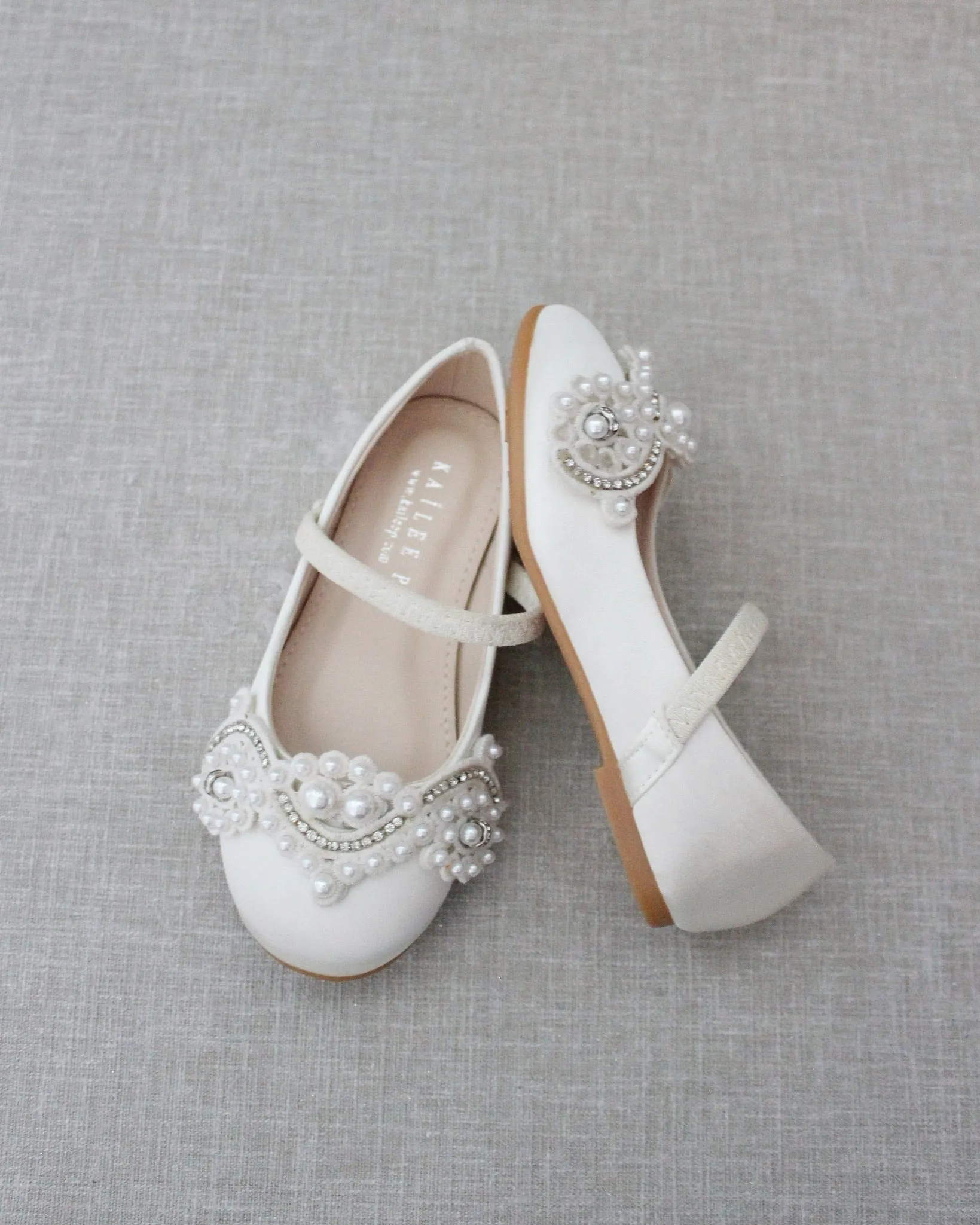 Ivory Satin Mary Jane Flats with Small Pearls Applique