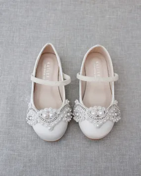 Ivory Satin Mary Jane Flats with Small Pearls Applique