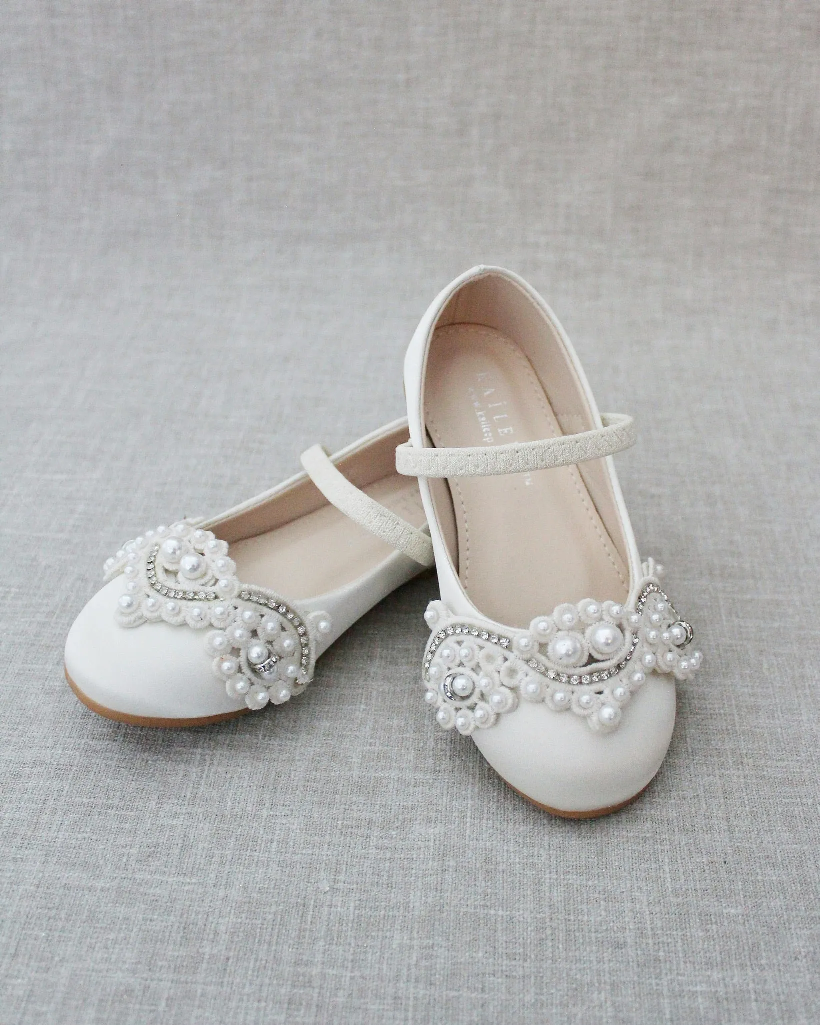 Ivory Satin Mary Jane Flats with Small Pearls Applique