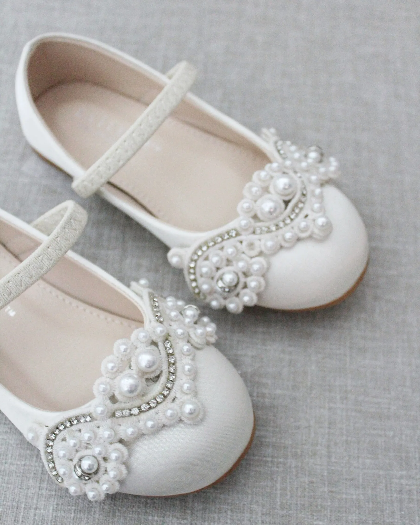 Ivory Satin Mary Jane Flats with Small Pearls Applique