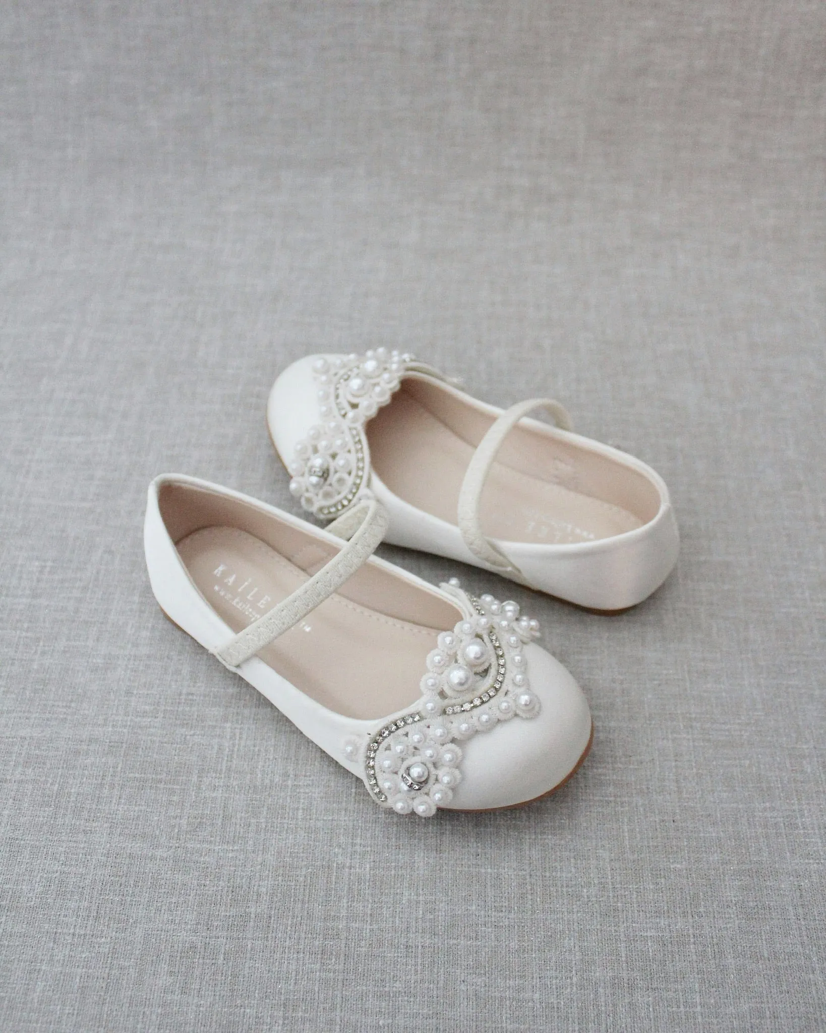 Ivory Satin Mary Jane Flats with Small Pearls Applique