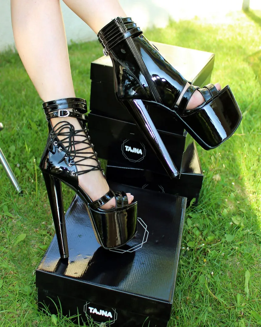 Lace Up Black Patent 19 cm High Heel Booties