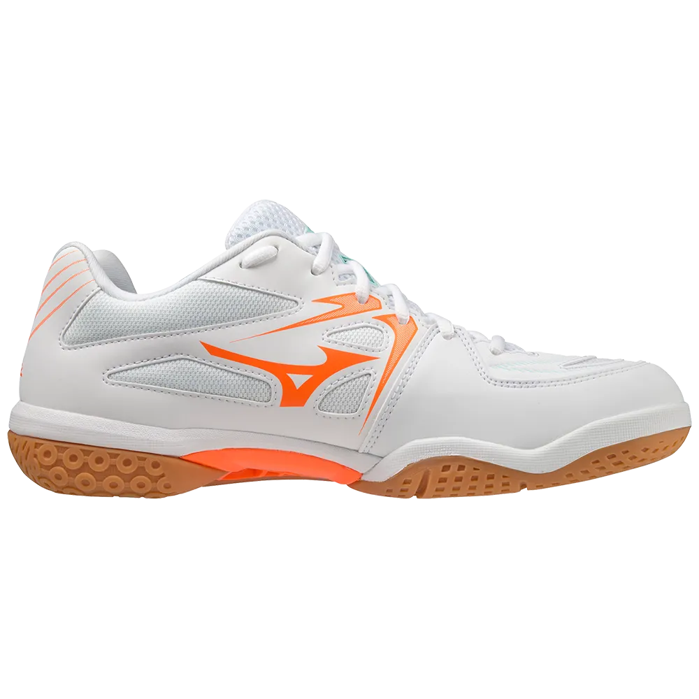 Mizuno Wave Fang NX Badminton Shoes | White/Tanager Turquoise/Light Orange