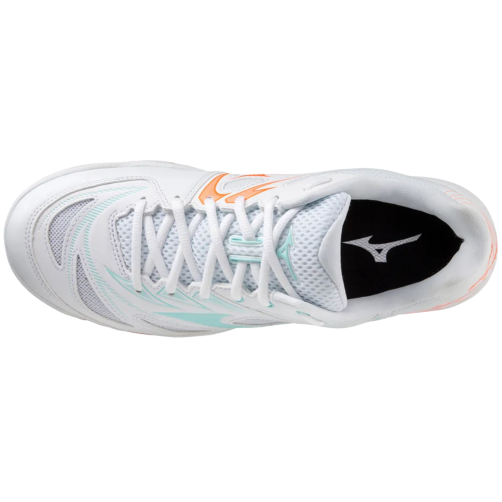 Mizuno Wave Fang NX Badminton Shoes | White/Tanager Turquoise/Light Orange