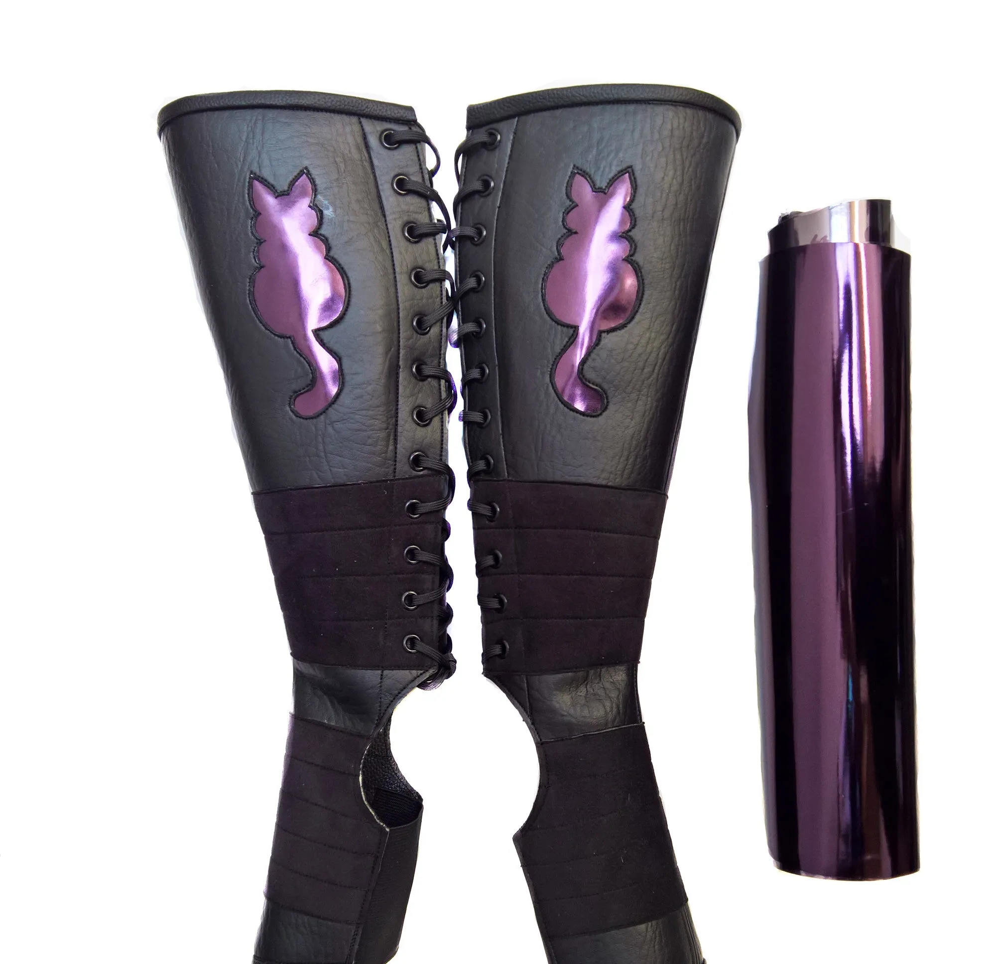 "Kitty" Classic Black Aerial boots w/ PURPLE metallic Cat   Suede Grip