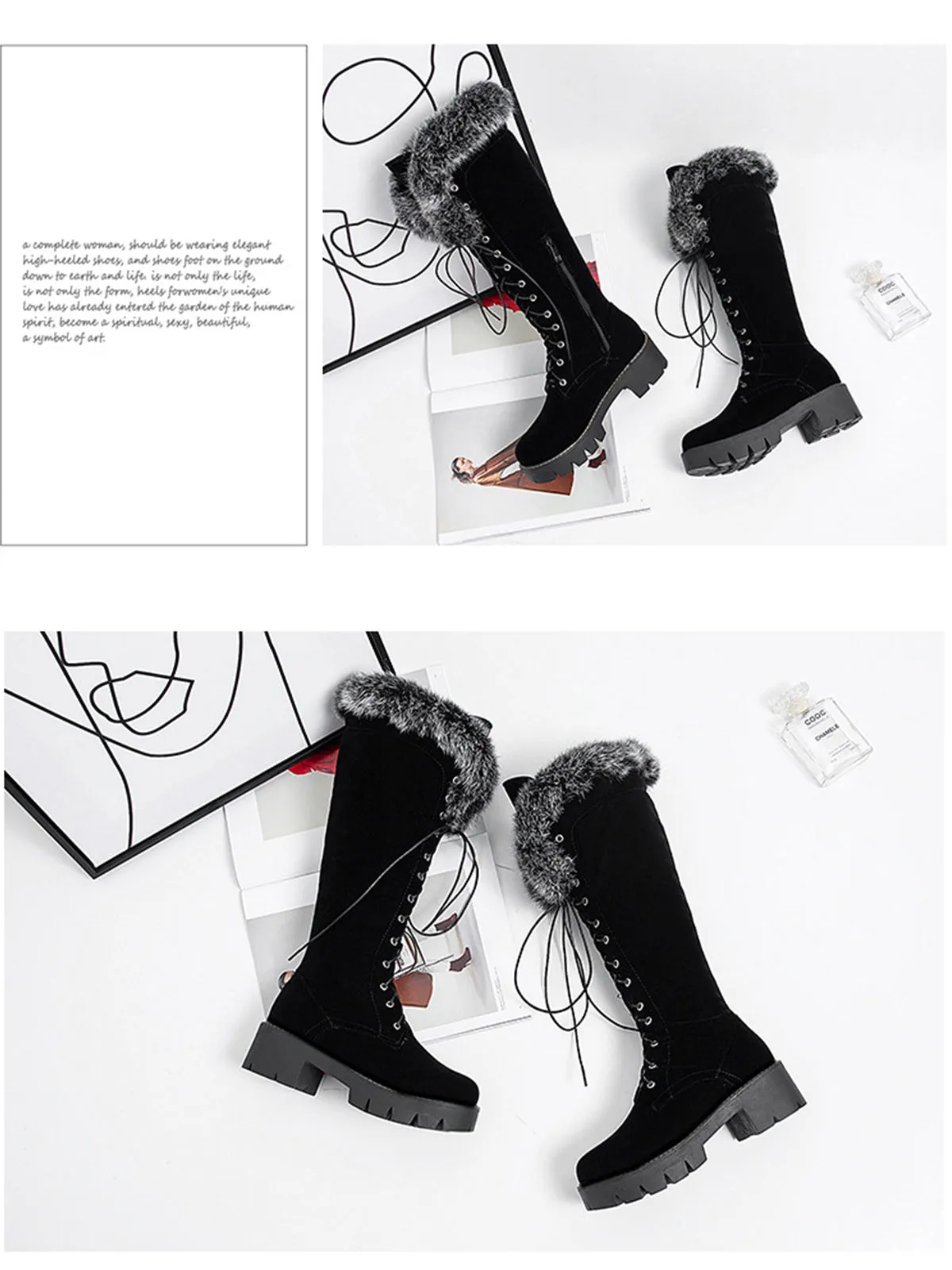 Retro Furry Chunky Heel Snow Boots