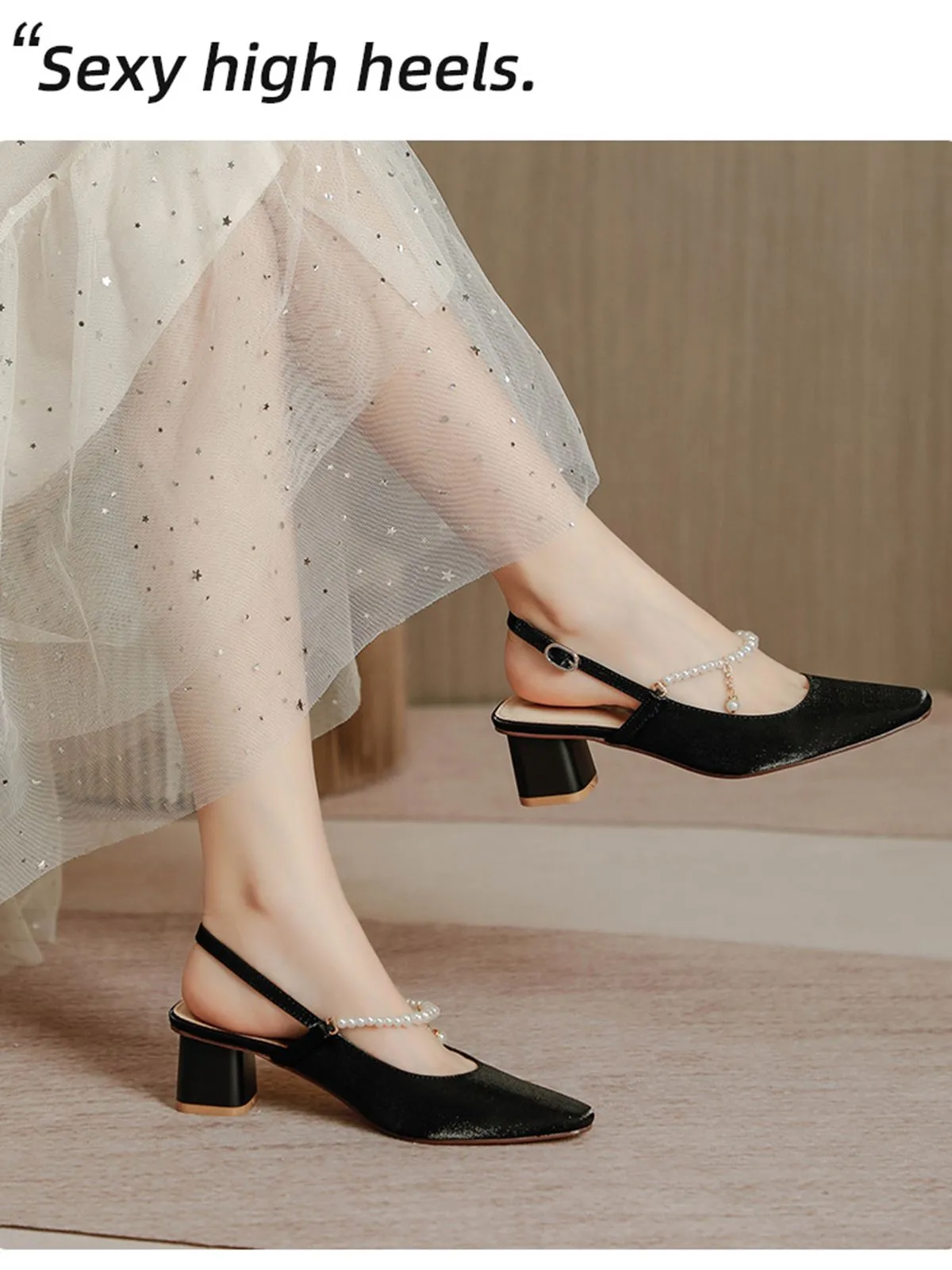 Retro Pearl Open Heel Black Chunky Heels Shoes