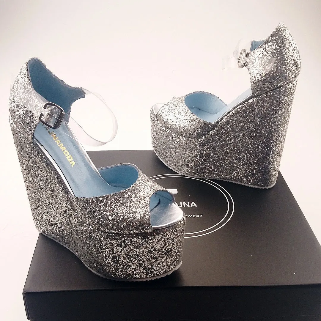 Silver Shiny Transparent Strap High Heel Wedge Shoes